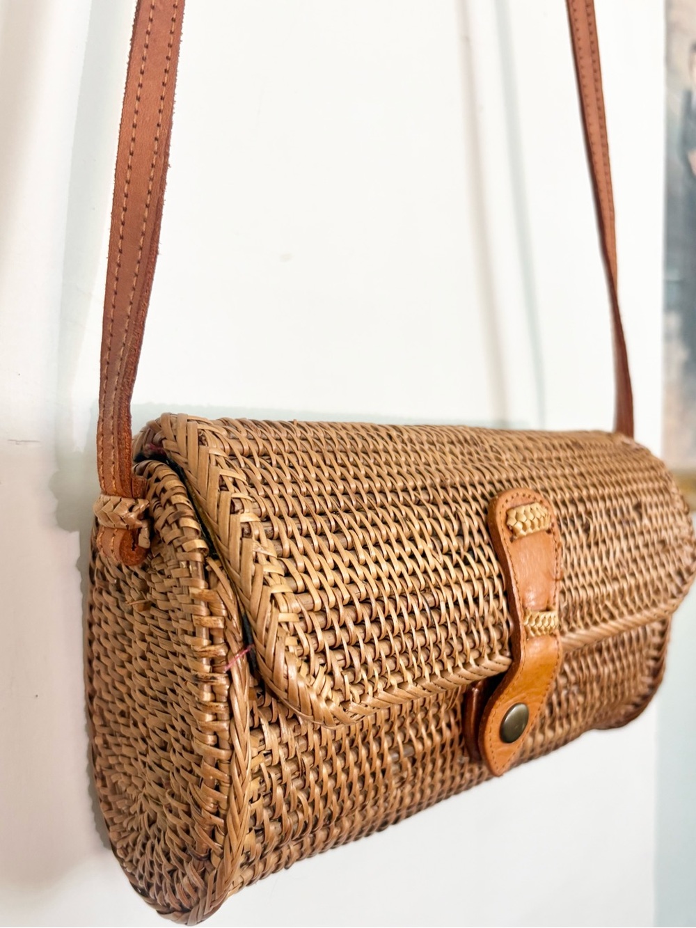 Handwoven Rattan Crossbody Bag with 100% Genuine Leather